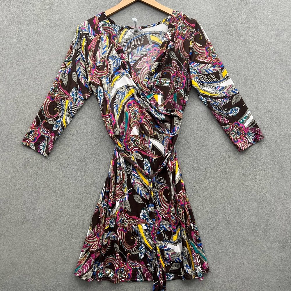 MT COLLECTION Women’s Size Large Faux Wrap Stretch Pull over Dress Brown Paisley